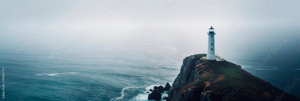 Lighthouse on a cliff edge in stormy and misty weather. Generative AI