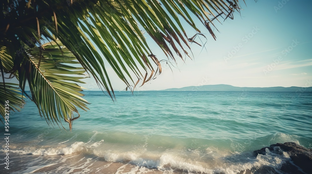 Tropical summer seascape with palm leaves, beach and paradise ocean. Vacation and travel backdrop. G