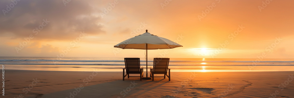 Two beach chair and umbrella on beautiful beach on sunset. Travel paradise concept. Generative AI