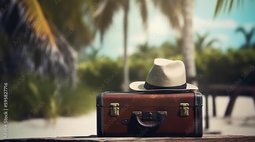 Suitcase, hat and accessories on the wooden floor with a sea background. Travel concept. Generative 