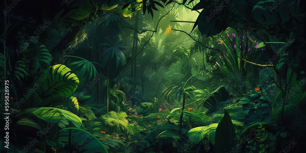 Deep tropical jungles. Dense forest landscape. Generative AI