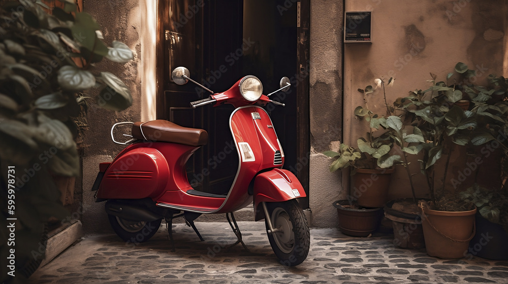 red vespa 50 special parked in an alley in front of a period door and pots with plants. Generative A