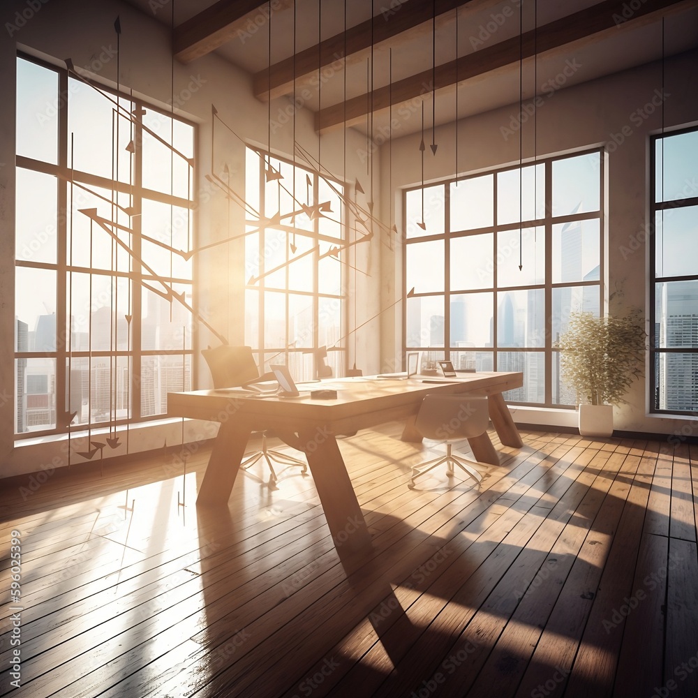 Warm welcoming office with sunlight, Morning at the Office, Table in a a Loft