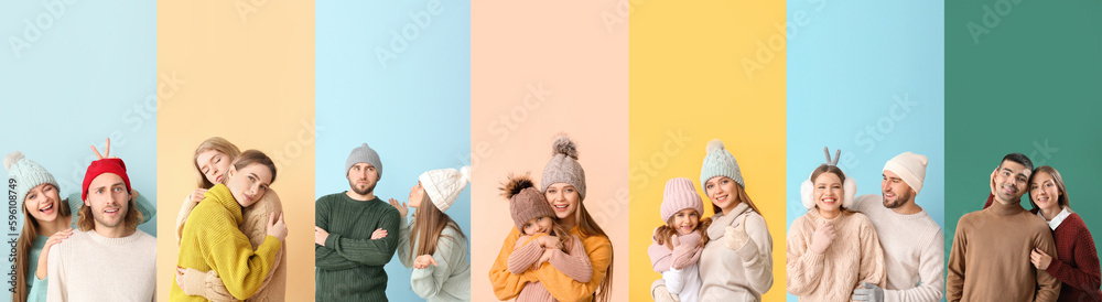 Collection of happy families in winter sweaters on color background