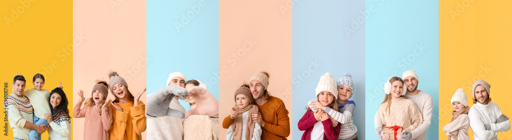 Group of happy families in winter sweaters on color background