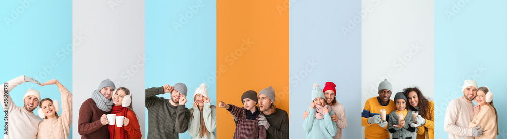 Set of happy families in winter sweaters on color background