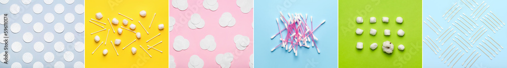 Set of cotton swabs with balls and pads on color background