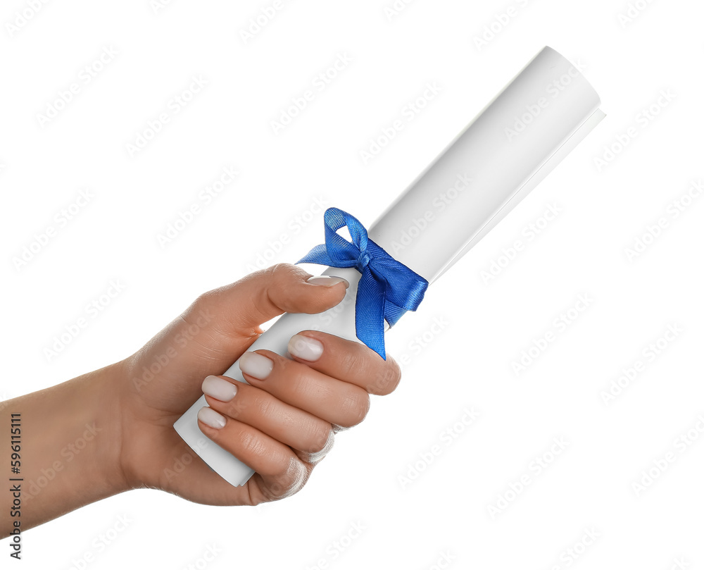 Woman holding diploma with ribbon on white background