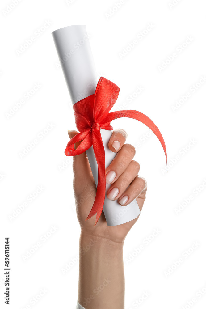 Woman holding diploma with ribbon on white background