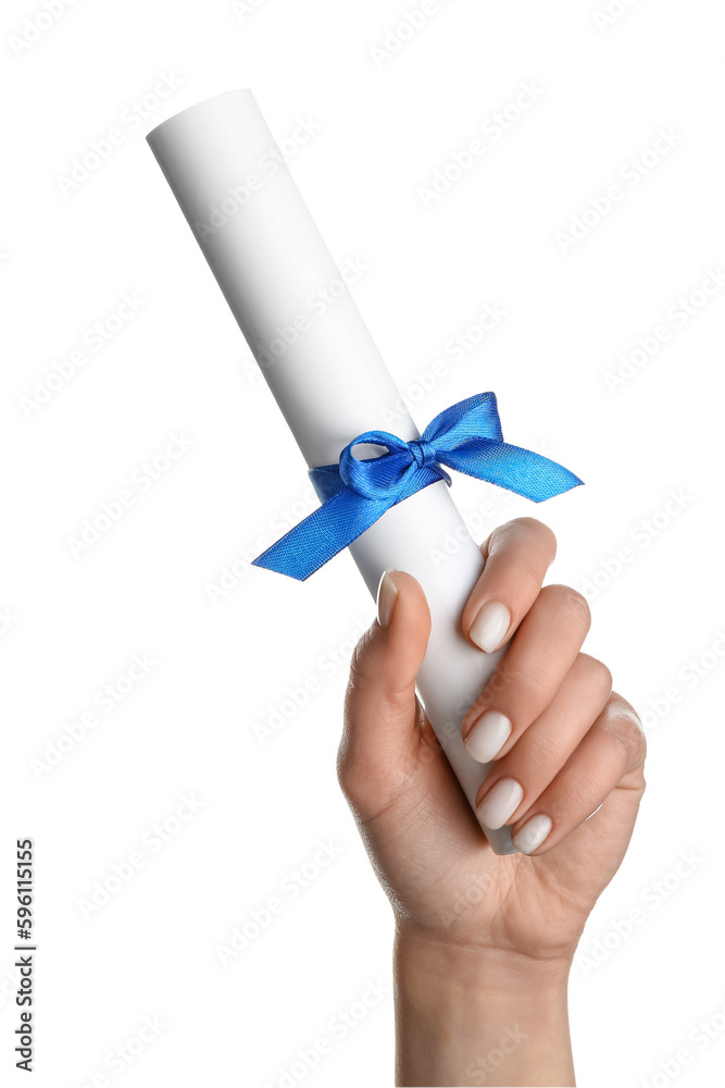 Woman holding diploma with ribbon on white background