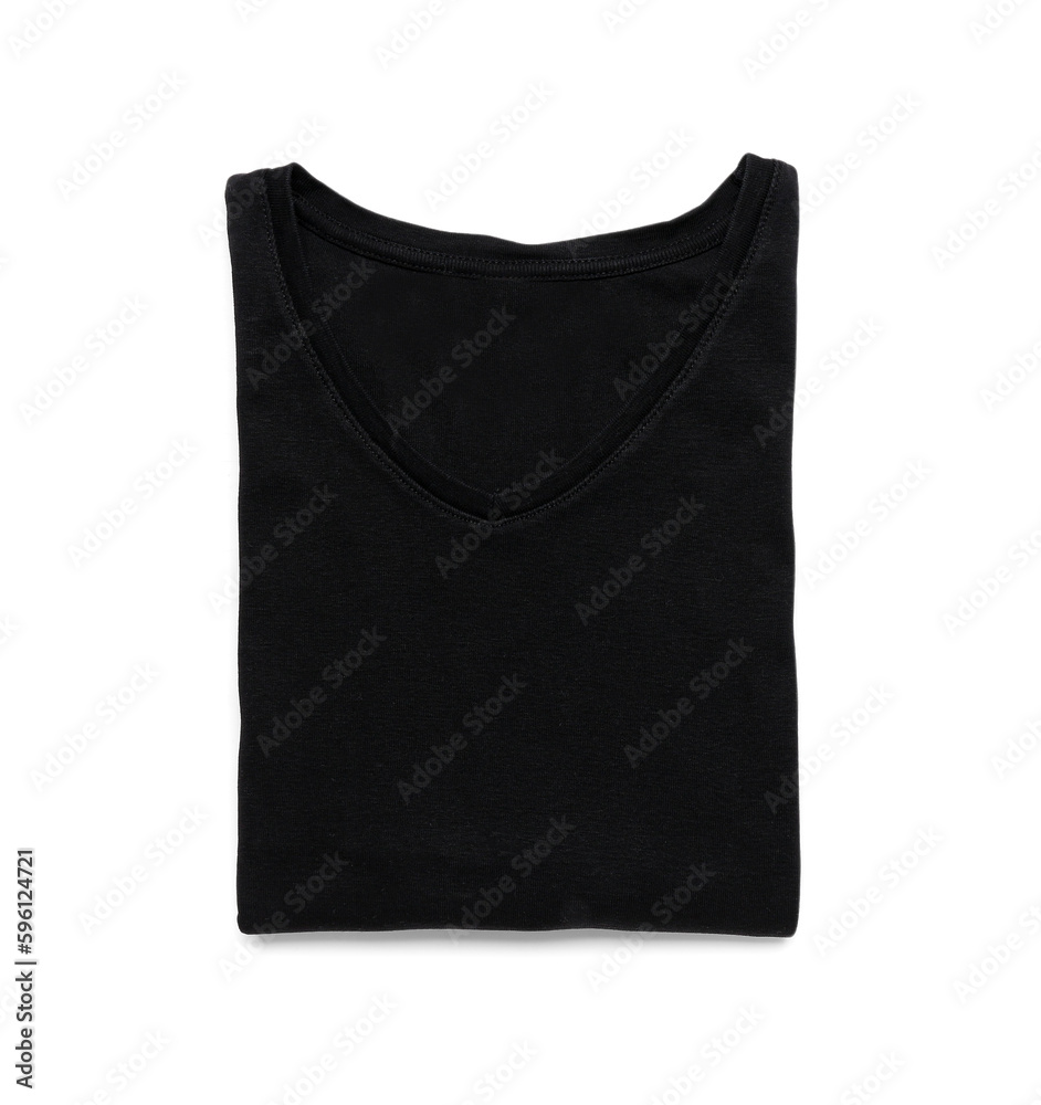 Folded black t-shirt on white background