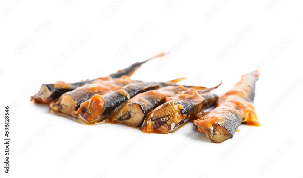 Canned fish in tomato sauce isolated on white background