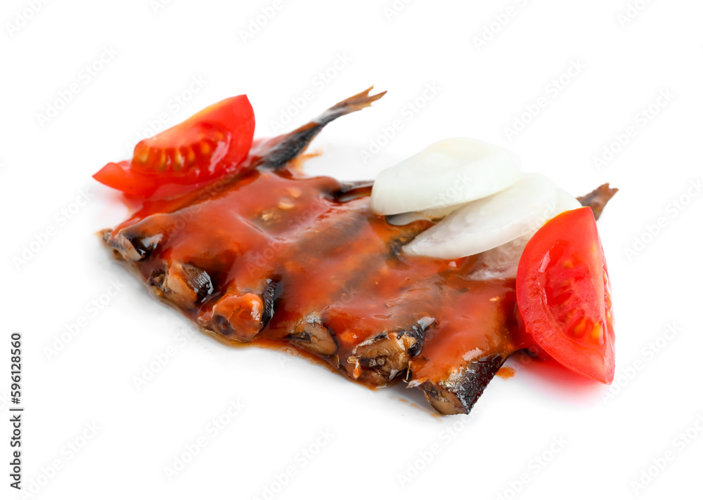 Canned fish in tomato sauce with vegetables isolated on white background