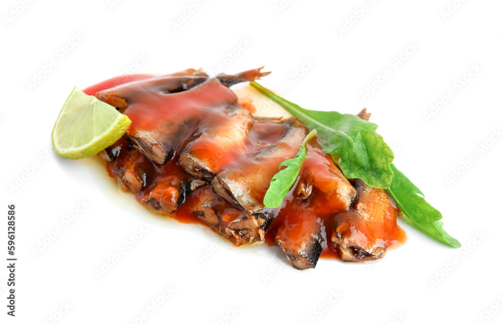 Canned fish in tomato sauce with lime slices and arugula isolated on white background