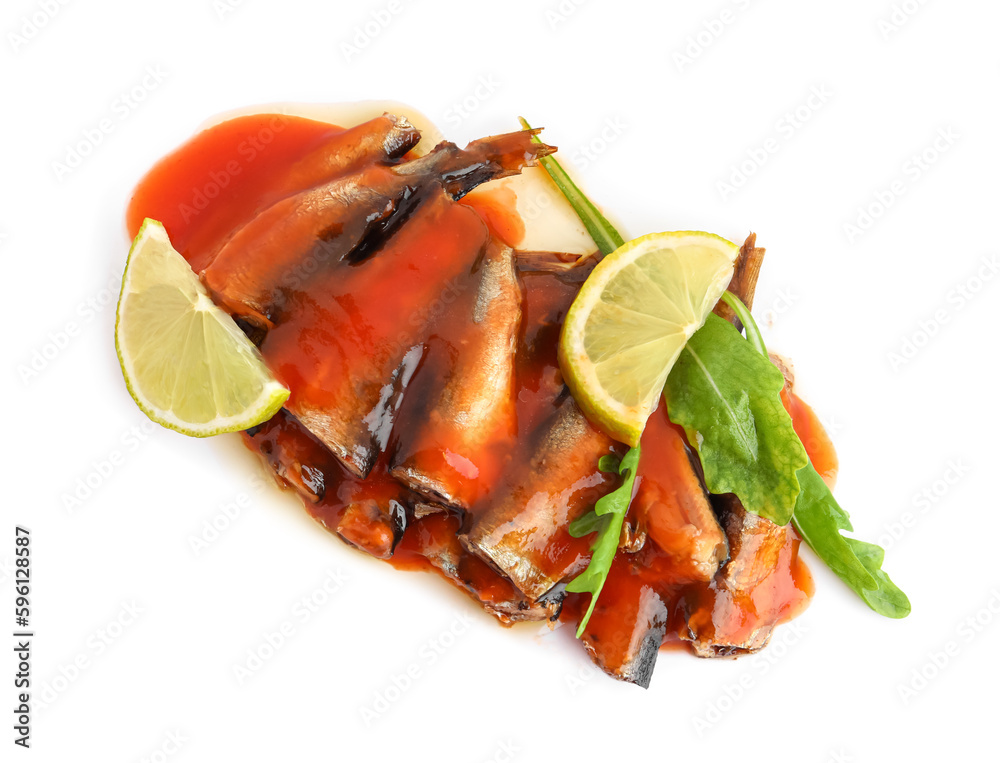 Canned fish in tomato sauce with lime slices and arugula isolated on white background