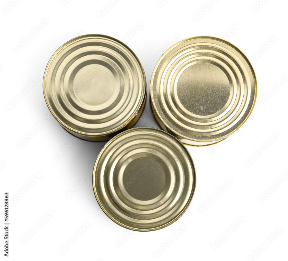 Tin cans with fish isolated on white background