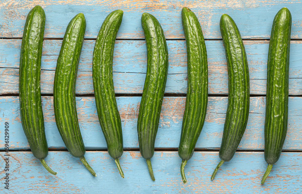 Fresh cucumbers on blue wooden background