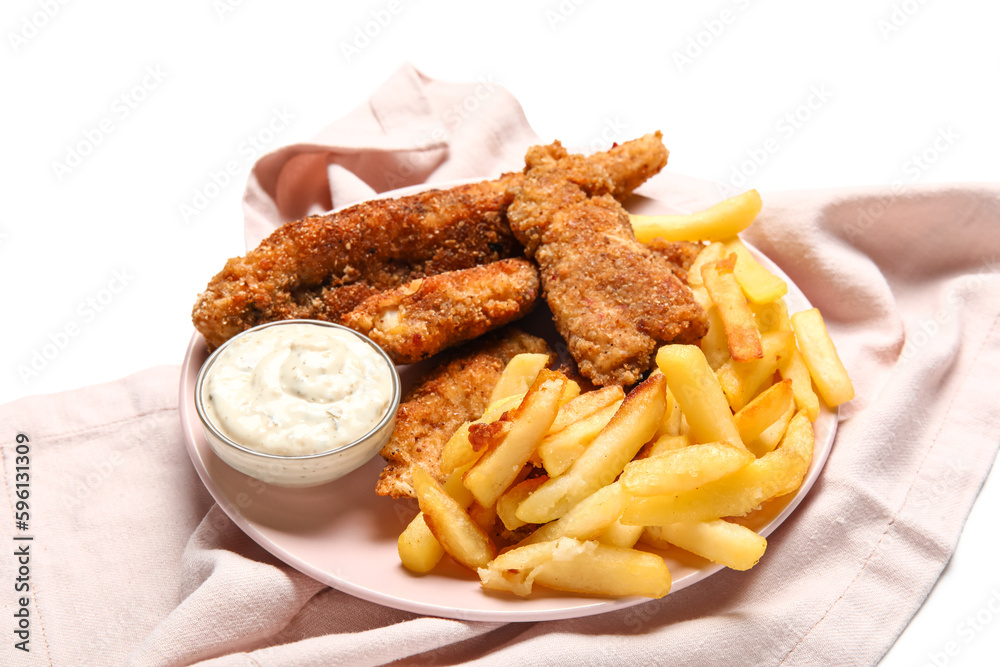 Plate of tasty fried codfish with french fries and sauce on white background