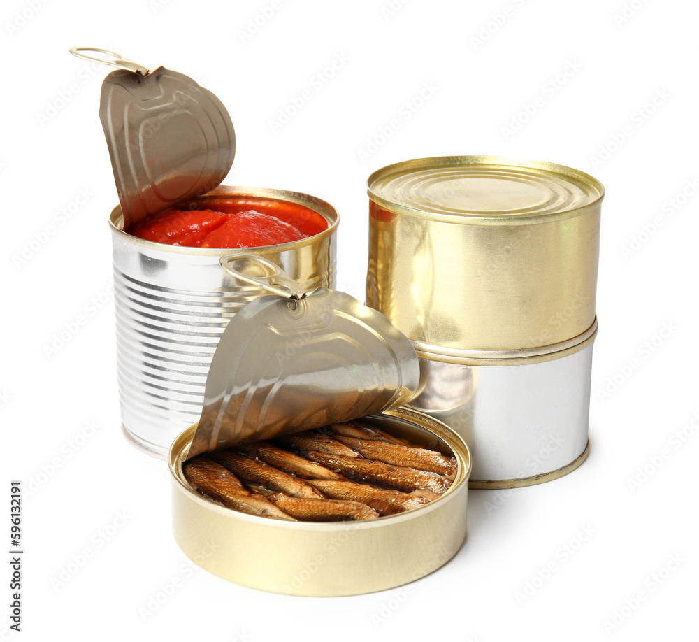 Opened tin cans with sprats and tomato sauce isolated on white background