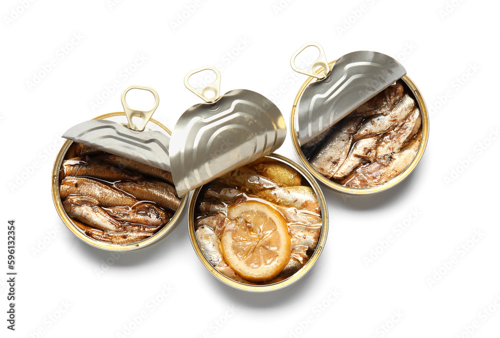 Opened tin cans with sprats in oil isolated on white background