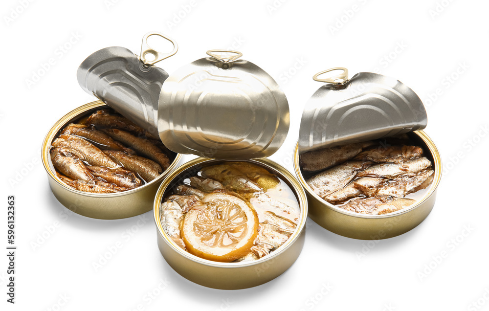 Opened tin cans with sprats in oil isolated on white background