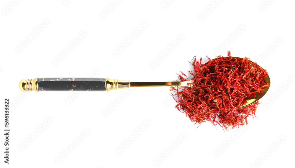 Spoon with pile of saffron on white background