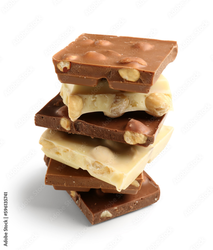 Different tasty chocolate with nuts on  white background