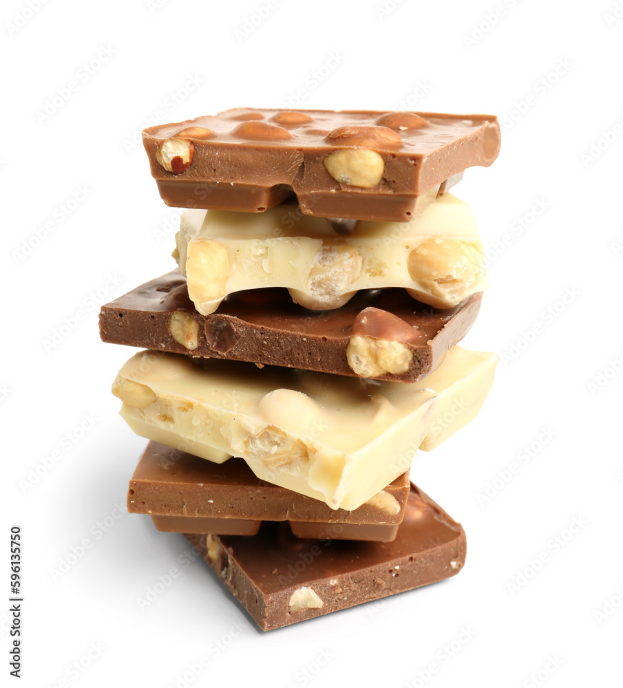 Different tasty chocolate with nuts on  white background