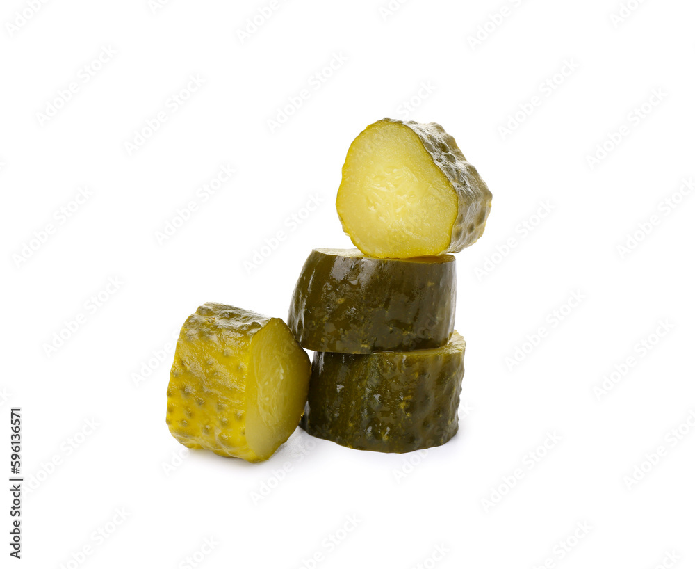 Tasty fermented cucumber pieces on white background