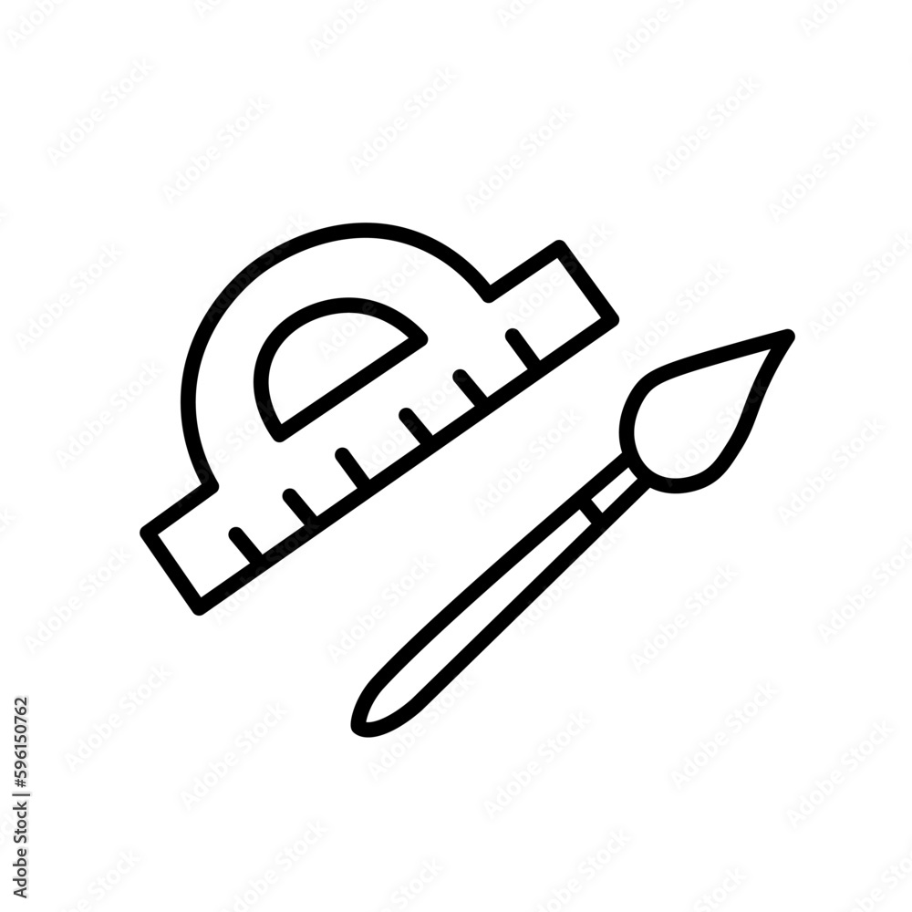 Protractor and brush on white background