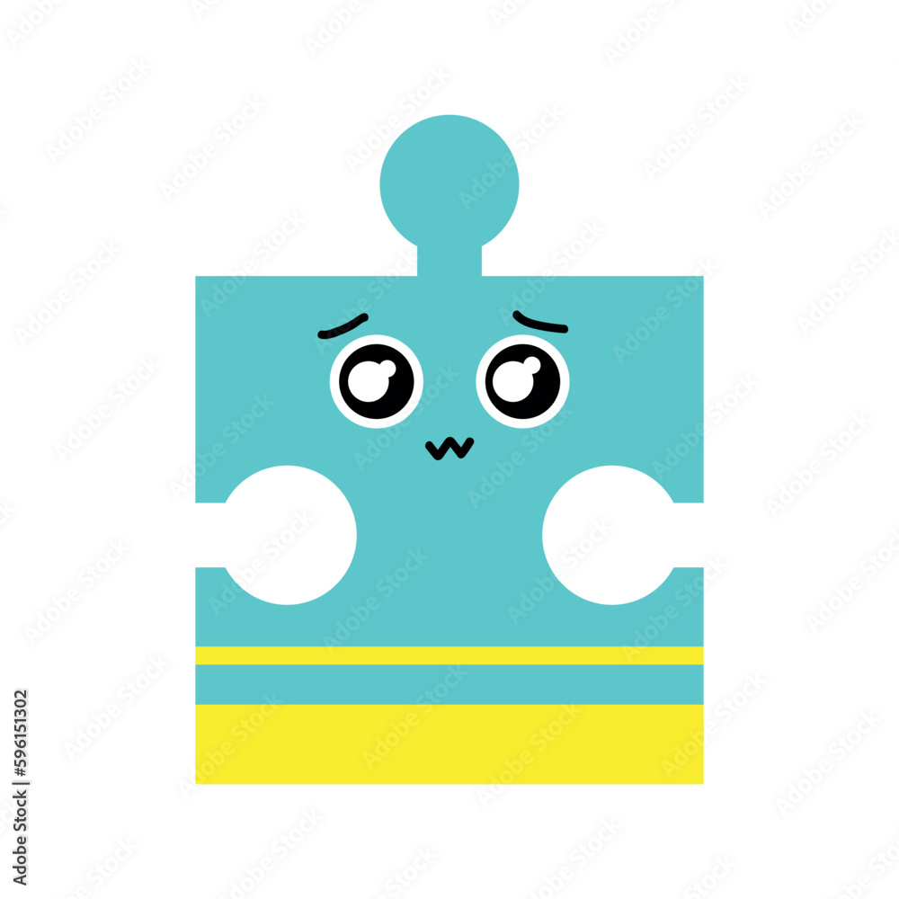 Cute unhappy piece of jigsaw puzzle on white background