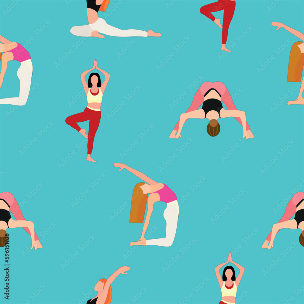 Many women practicing yoga on blue background. Texture for design