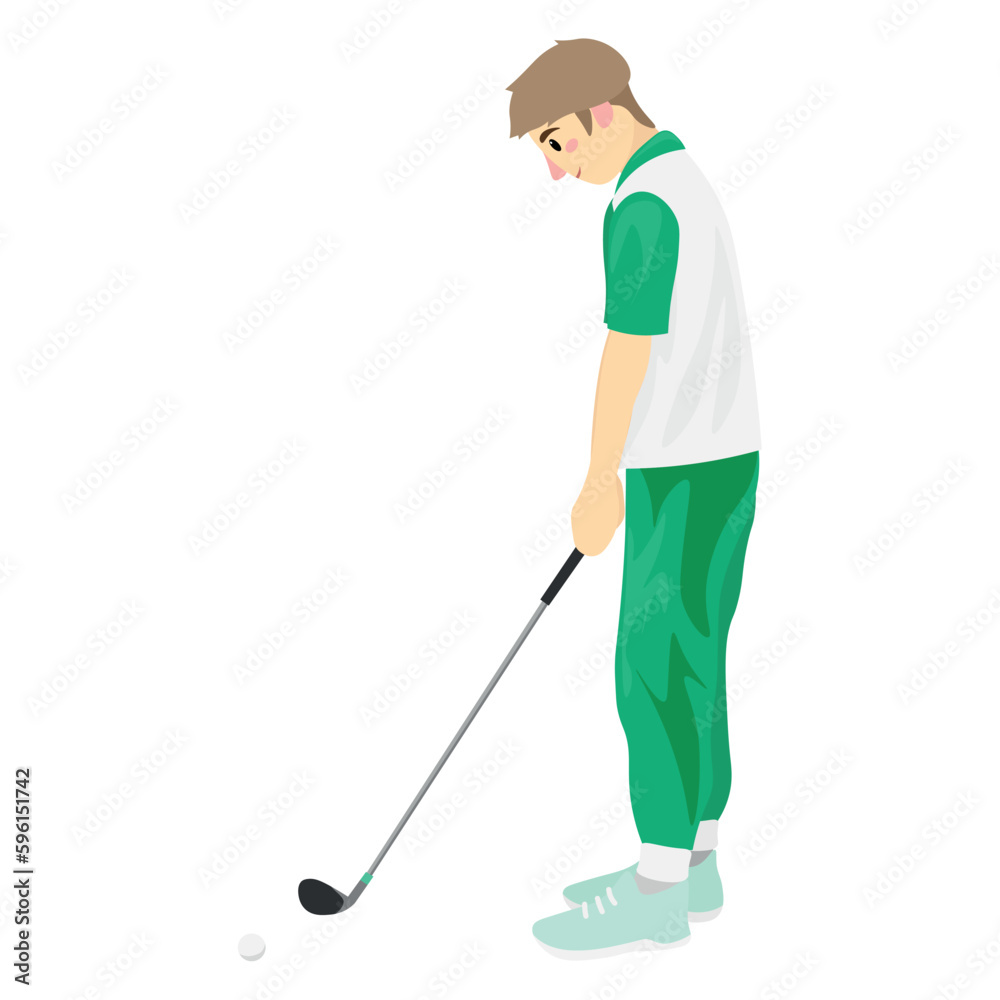 Cute boy playing golf on white background