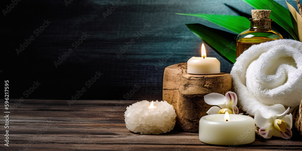 Spa composition with alight candles and beautiful flowers on wooden background. Massage therapy for 