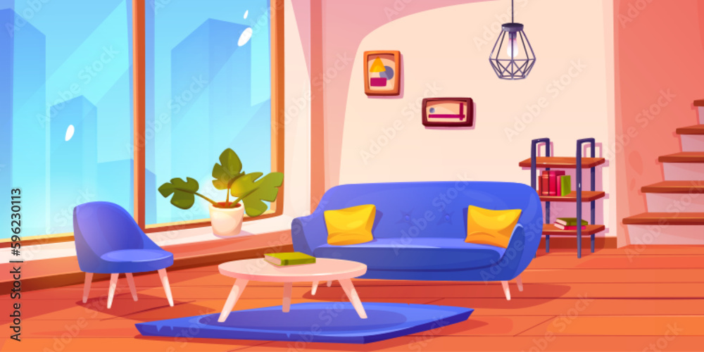 House living room near stair cartoon background. Hall home apartment indoor furniture design with ci