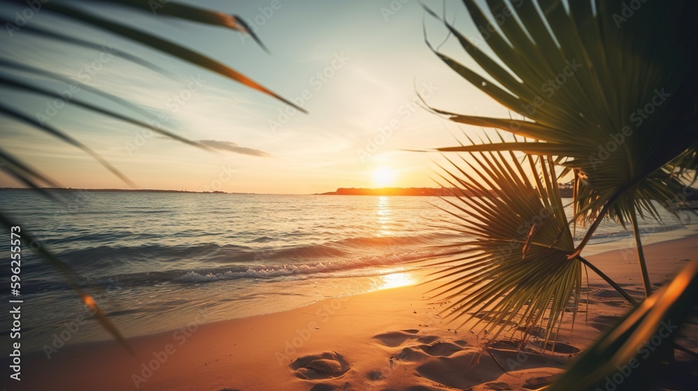 Tropical summer seascape with palm leaves, beach and paradise ocean on sunset. Generative AI