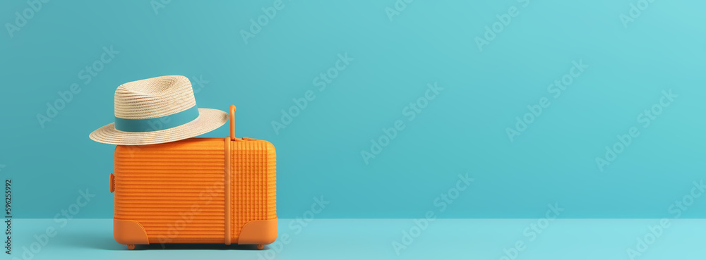 Orange travel suitcase with straw hat, on blue background. Trip concept. Generative AI