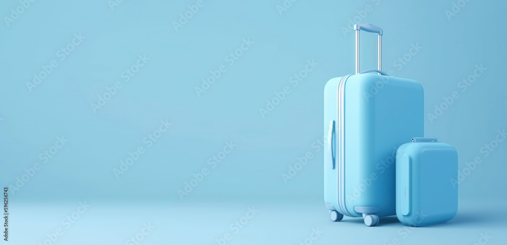 Blue travel suitcase with wheels, on blue background. Trip concept. Generative AI