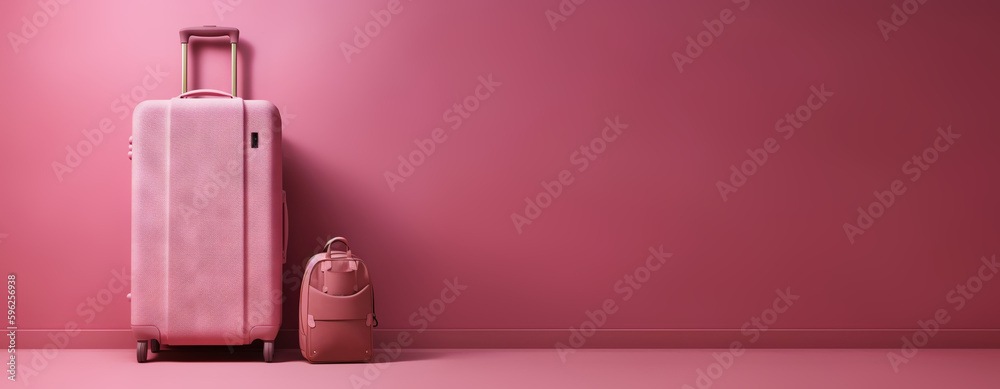 Pink travel suitcase, on pink background. Trip concept. Generative AI