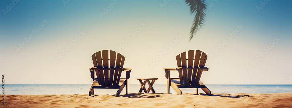 Two beach chair on beautiful tropical beach. Travel paradise concept. Generative AI