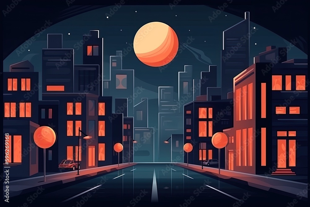 city street at night with a full moon shining in the sky. Generative AI