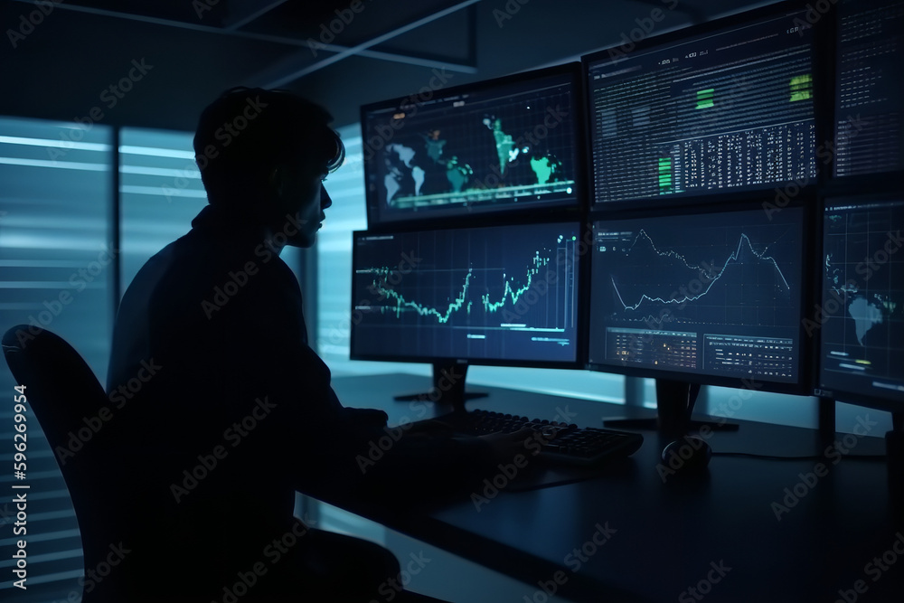 An analyst uses computer and dashboard with KPIs and metrics to analyze business data for various fi