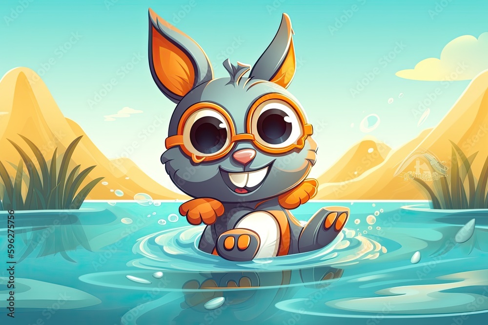 cute cartoon rabbit swimming with goggles on. Generative AI