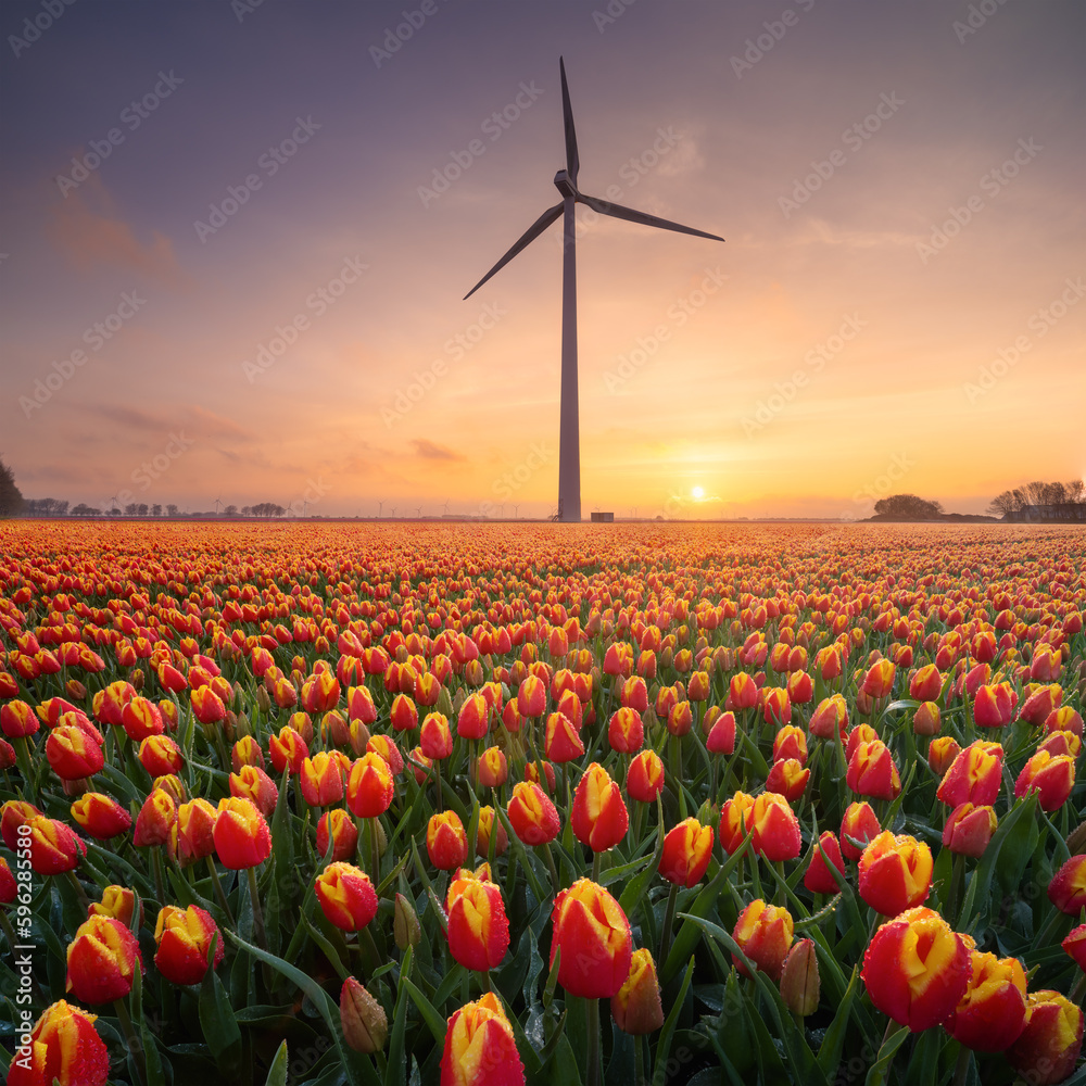 A field of tulips during sunset. A wind generator in a field in the Netherlands. Green energy produc