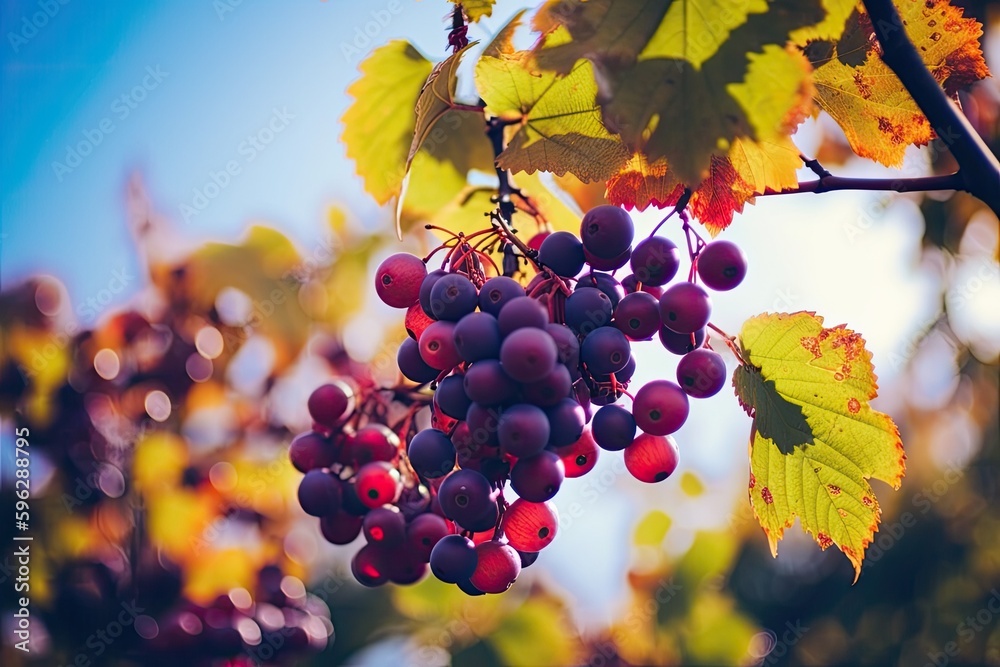 cluster of ripe grapes hanging from a vine. Generative AI