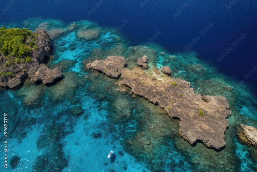 an aerial view of a vibrant and diverse coral reef ecosystem in the clear blue ocean. Generative AI