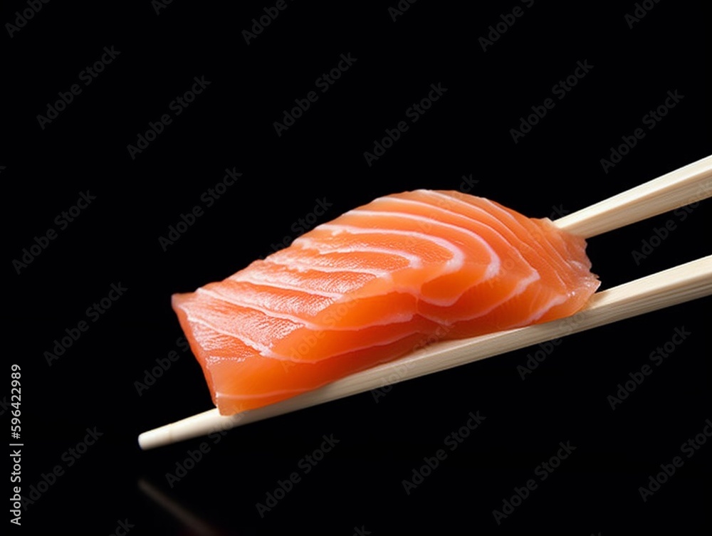 Salmon sushi with chopsticks isolated on black background. Japanese food.