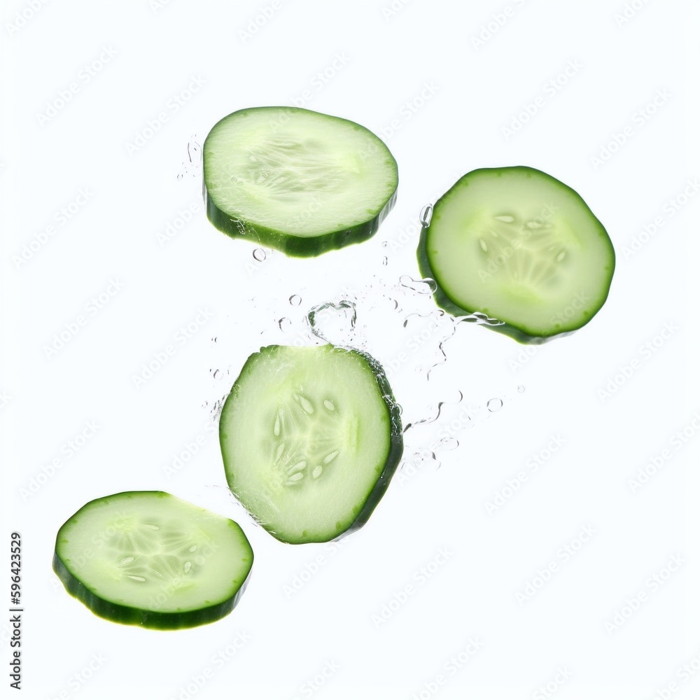 Cucumber slices in water splashes isolated on white background.