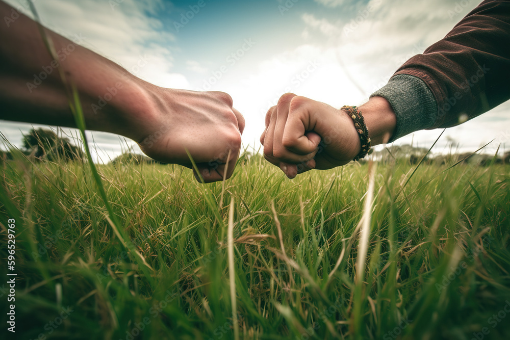 The fists of two boys in the outdoor field collide with each other