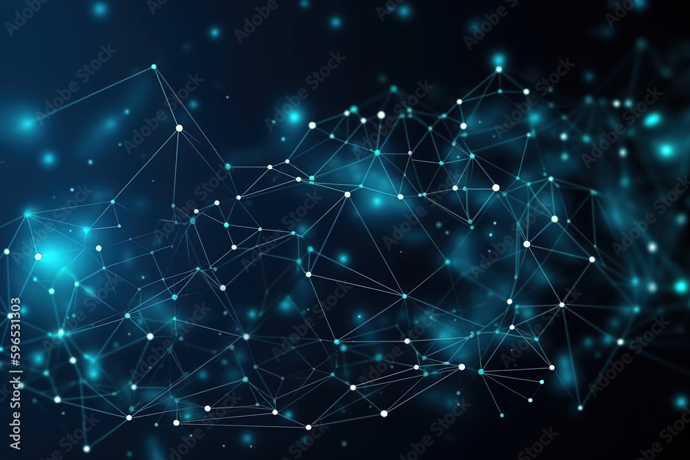 Blockchain network - Abstract connected dots on bright blue background. Internet connection, abstrac